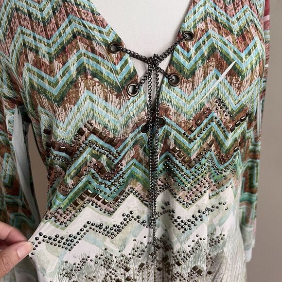 Vintage Y2K Green Crochet Tunic Top M Studded Chain Fairycore Grunge Whimsigoth - Picture 10 of 13